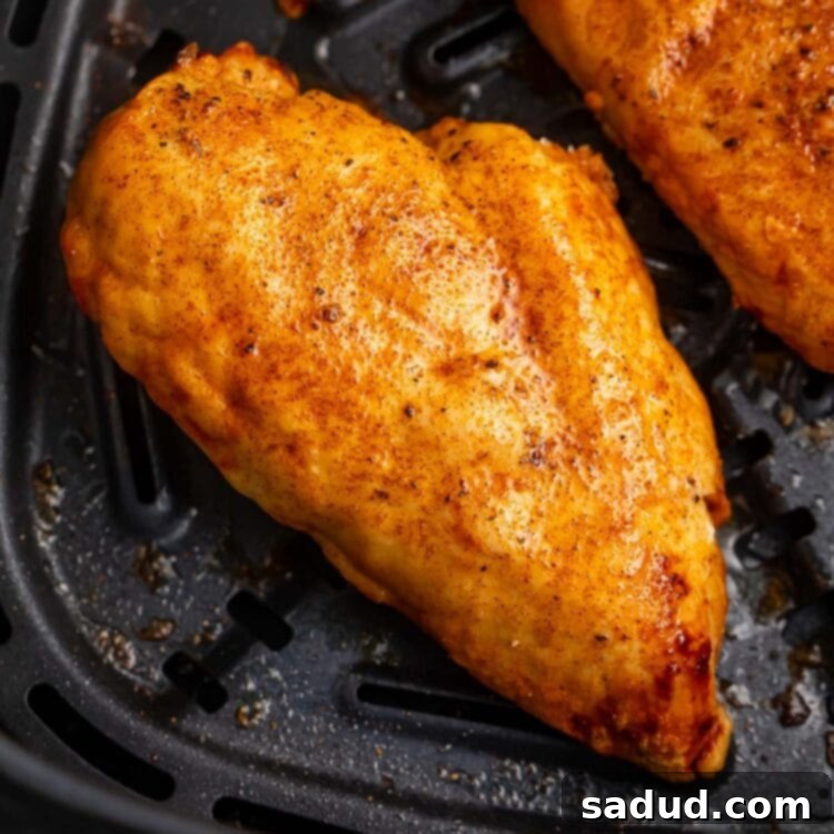 A perfectly cooked, golden-brown frozen chicken breast in an air fryer basket, ready to be removed.