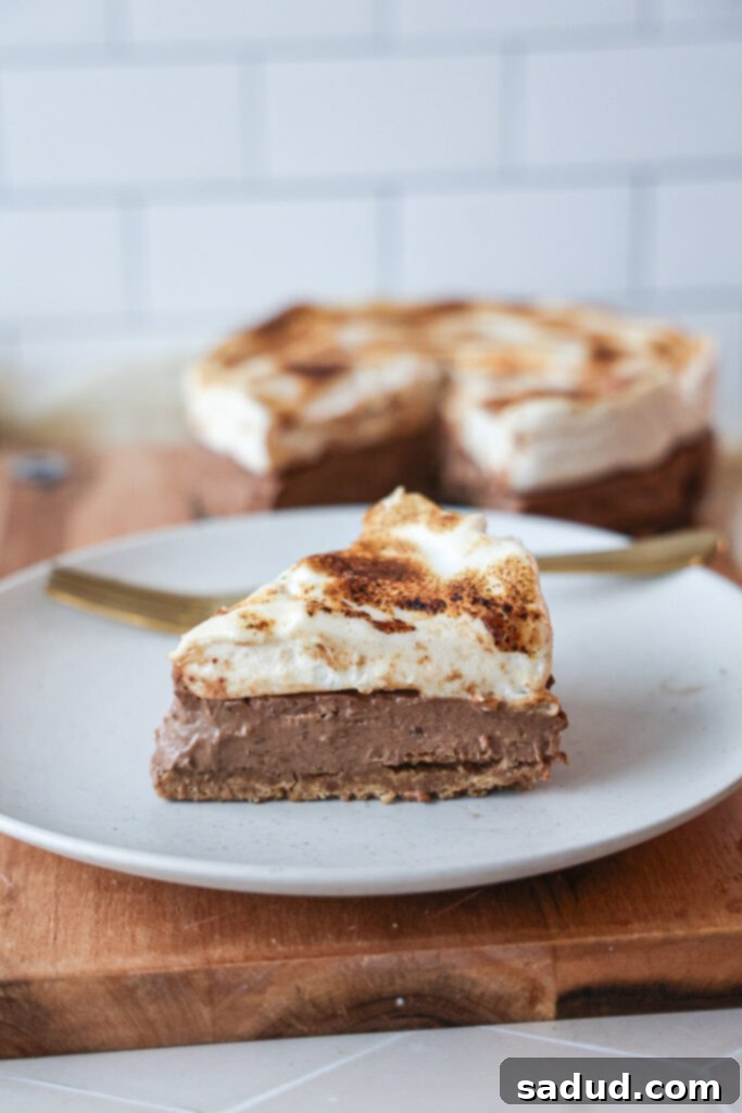 Healthy S'mores tart, topped with toasted marshmallow fluff and chocolate drizzle, ready to be sliced.