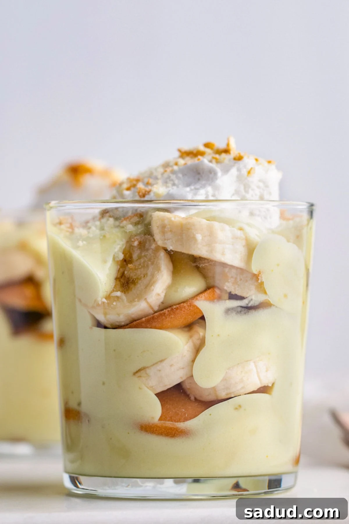 Side view of a short glass holding vegan banana pudding layered with slices of bananas and Nilla wafers, topped with dairy-free whipped cream.