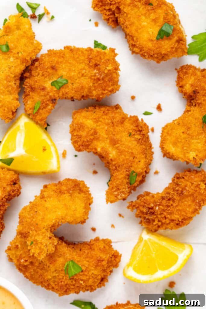 Freshly fried vegan shrimp garnished with parsley and lemon wedges, ready to be served.