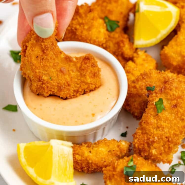 Vegan shrimp being dipping in sriracha mayo.