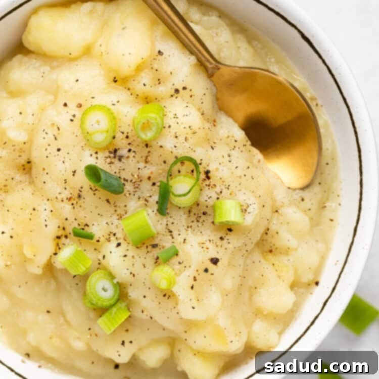 overhead of stewed potatoes topped with green onion and black pepper.