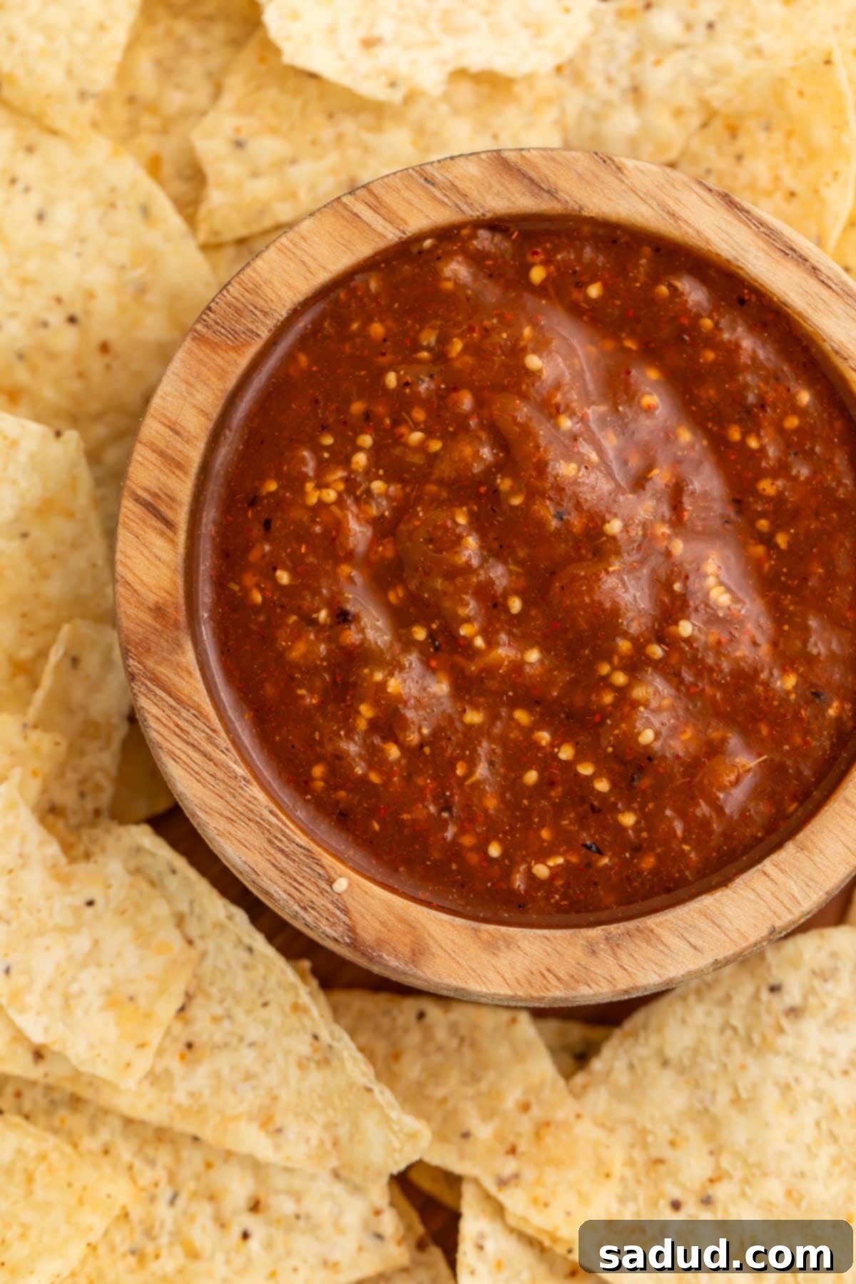 A bowl of tomatillo red chili salsa on a platter surrounded by tortilla chips.