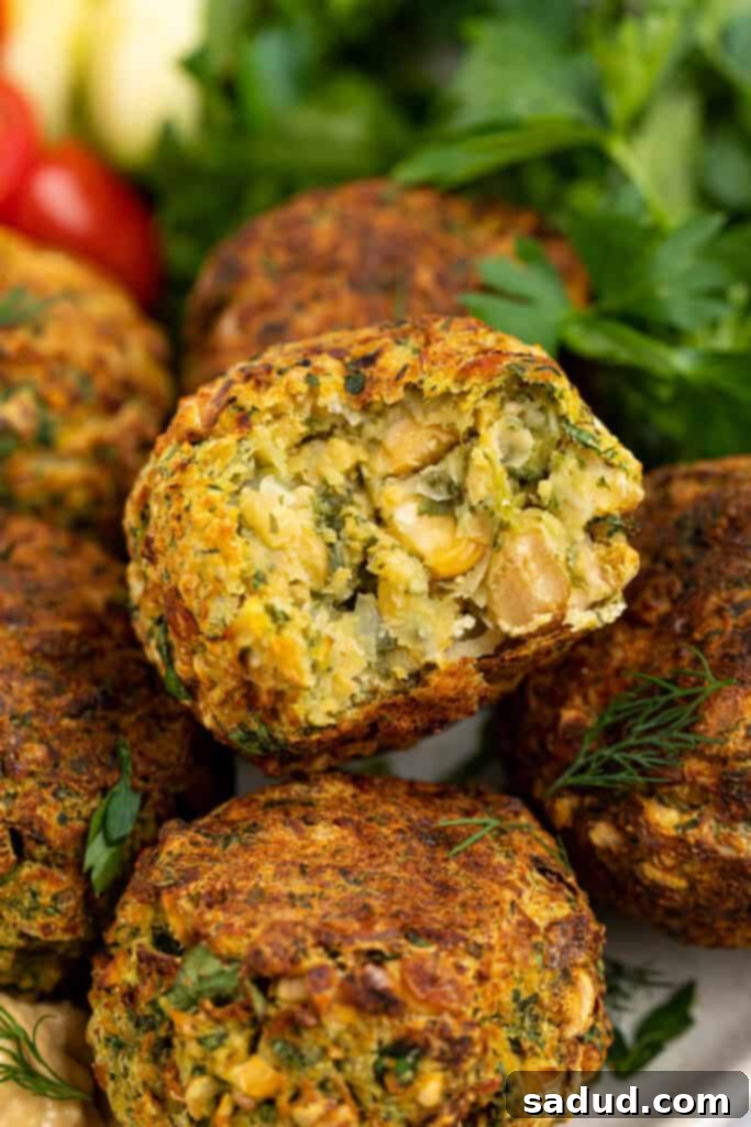 Close up image of air fryer falafel with a bite removed, revealing a soft, green interior.