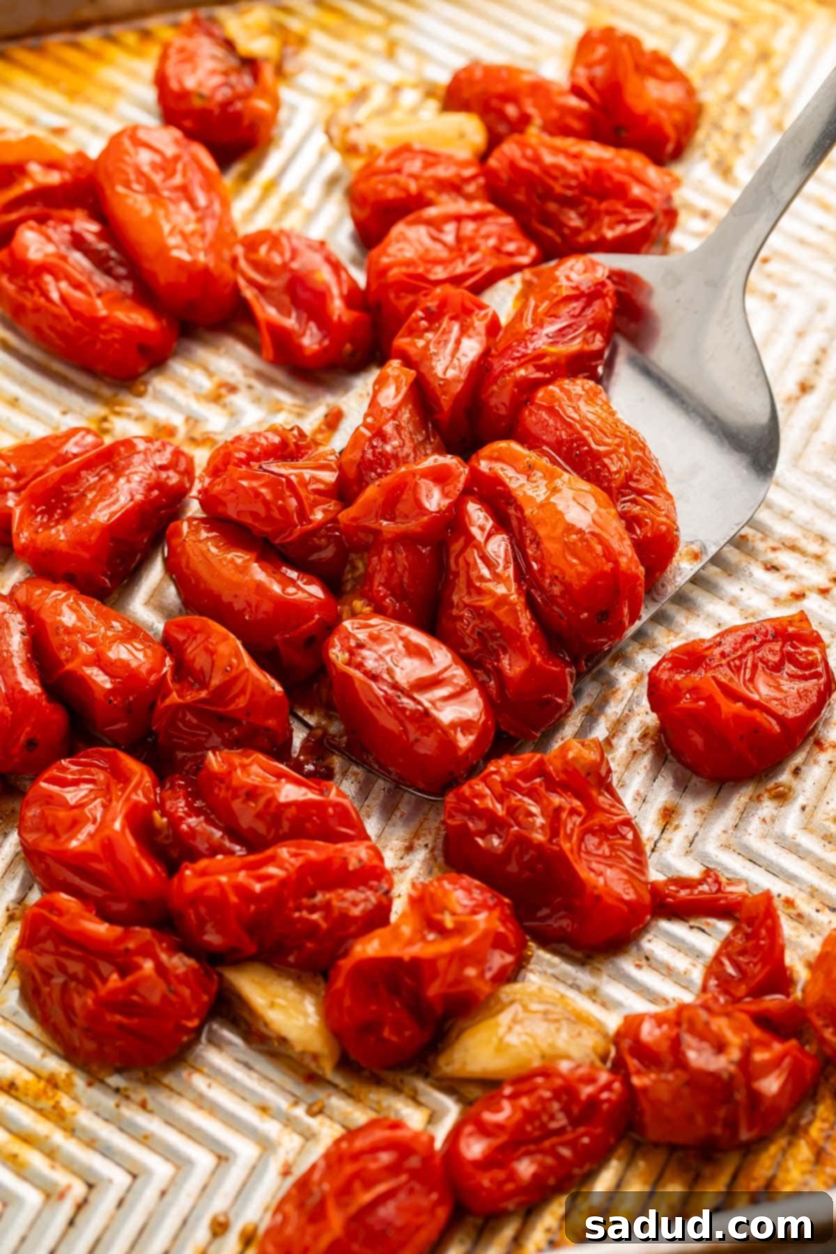 Wrinkled roasted grape tomatoes being lifted off a baking sheet with a silver spatula.