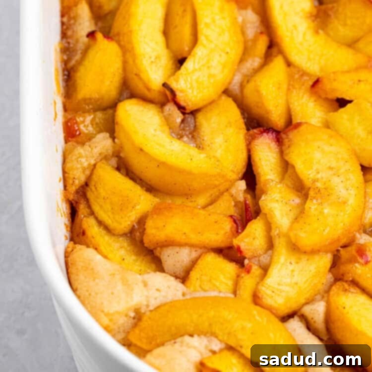 A top-down view of a freshly baked vegan peach cobbler, showing its golden crust and bubbly peach filling.