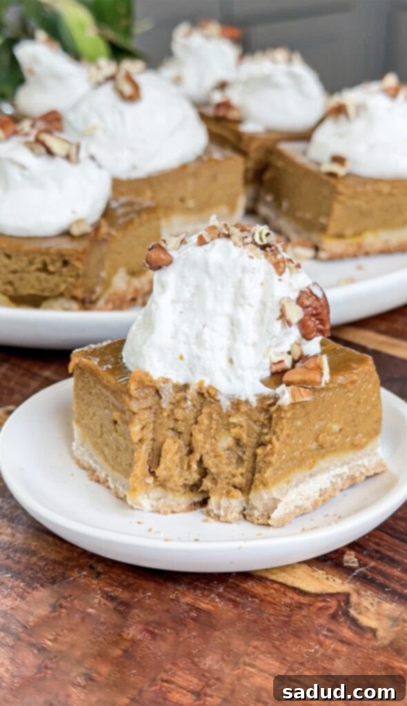 A gluten-free, paleo pumpkin pie bar with whipped cream and pecans.