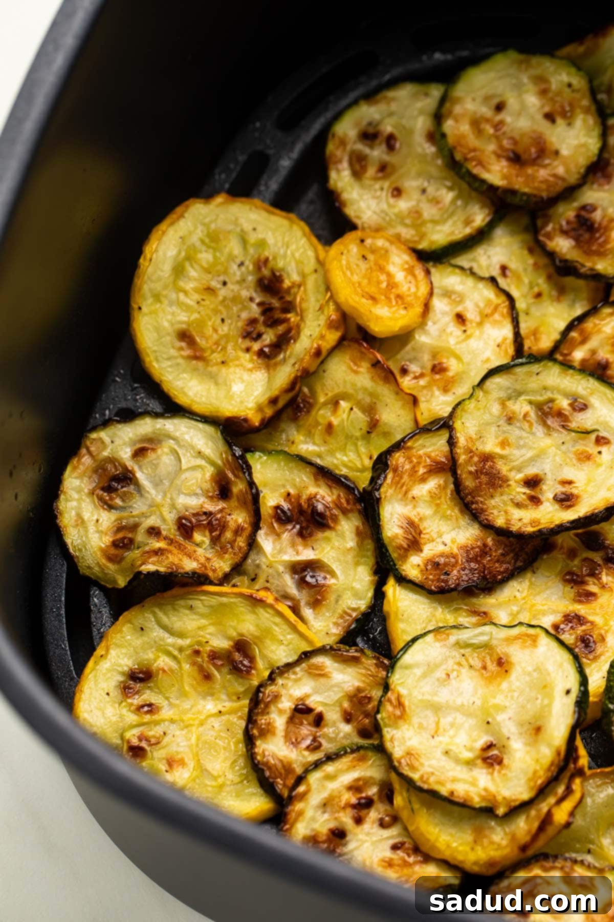 Close-up of perfectly cooked air-fried yellow and green squash discs in the air fryer basket, showing their golden brown edges and tender texture.