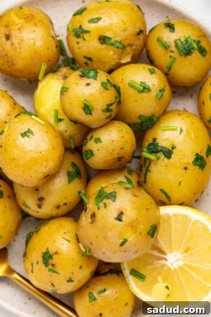 Aromatic Herbed Steamed Potatoes 3 Overhead image of freshly steamed baby potatoes on a white plate, served with a fork and a lemon wedge, showcasing their golden and herb-flecked appearance.