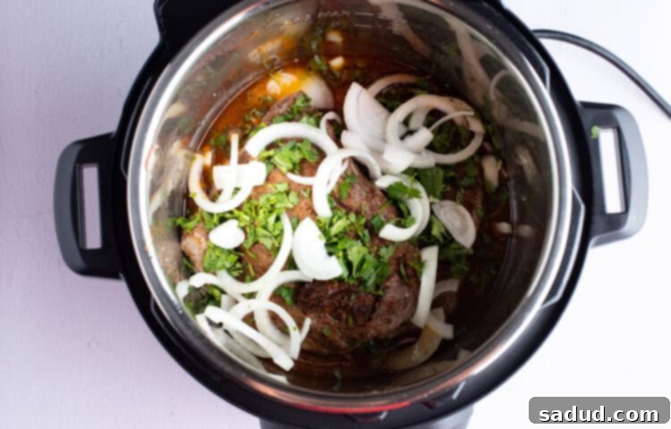 Flank steak topped with cilantro and onion in marinade in an Instant Pot