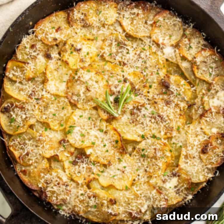 Overhead image of a potato galette in a cast iron skillet.