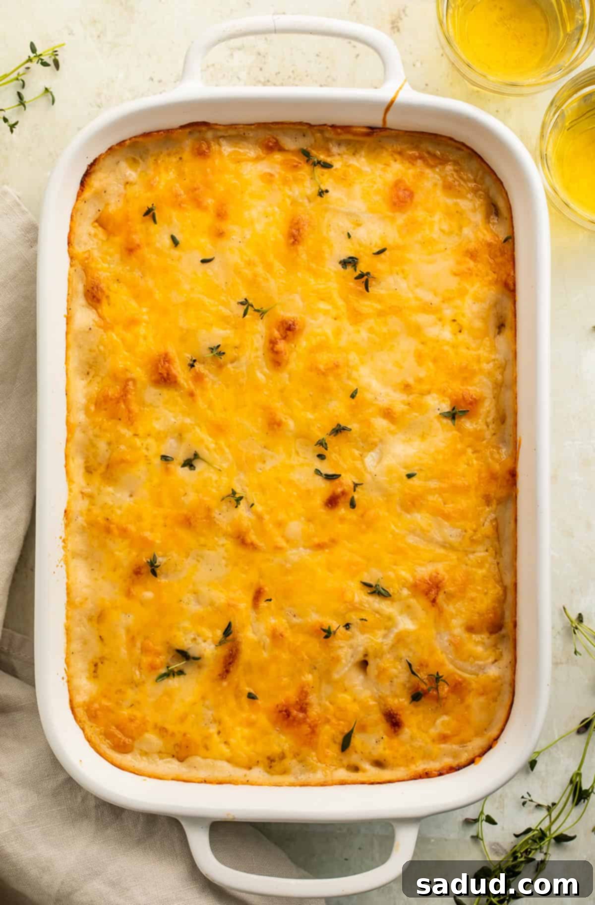 Gluten free scalloped potatoes pictured in a white baking dish, showing the browned, cheesy top.