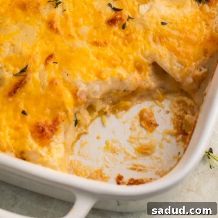 Close up of a dish of scalloped potatoes with a spoonful taken out to show the middle.
