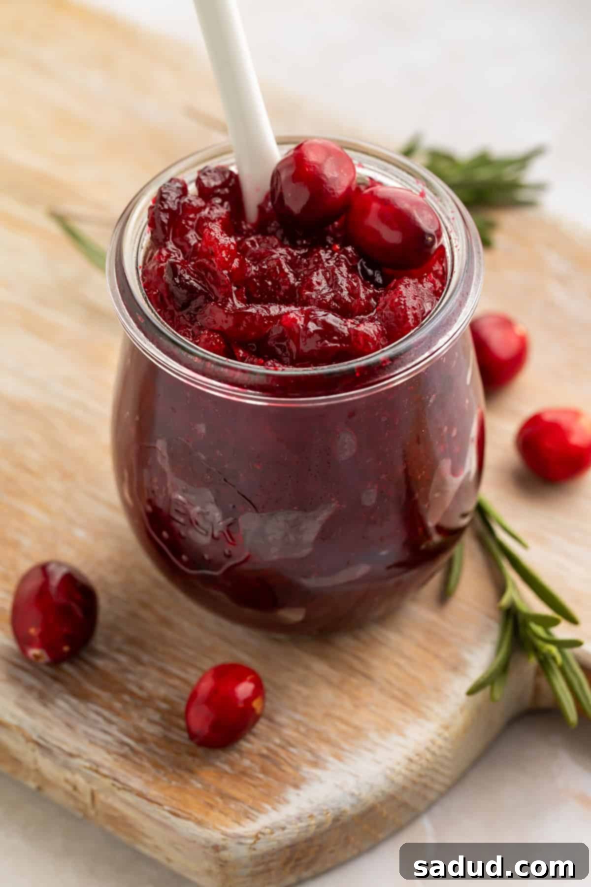 Jar of cranberry jam with a white spoon sticking out of the top.