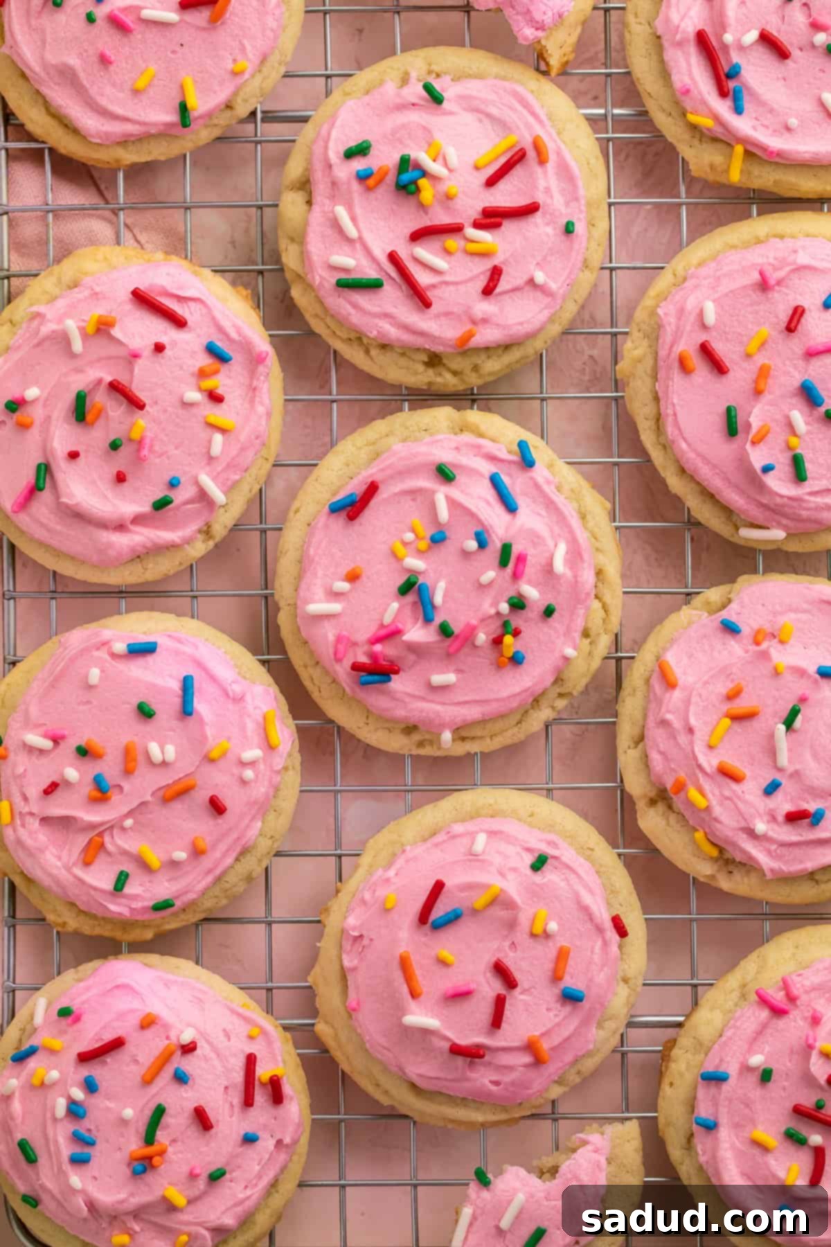 Pink frosted vegan sugar cookies with vibrant rainbow sprinkles resting on a wire cooling rack.