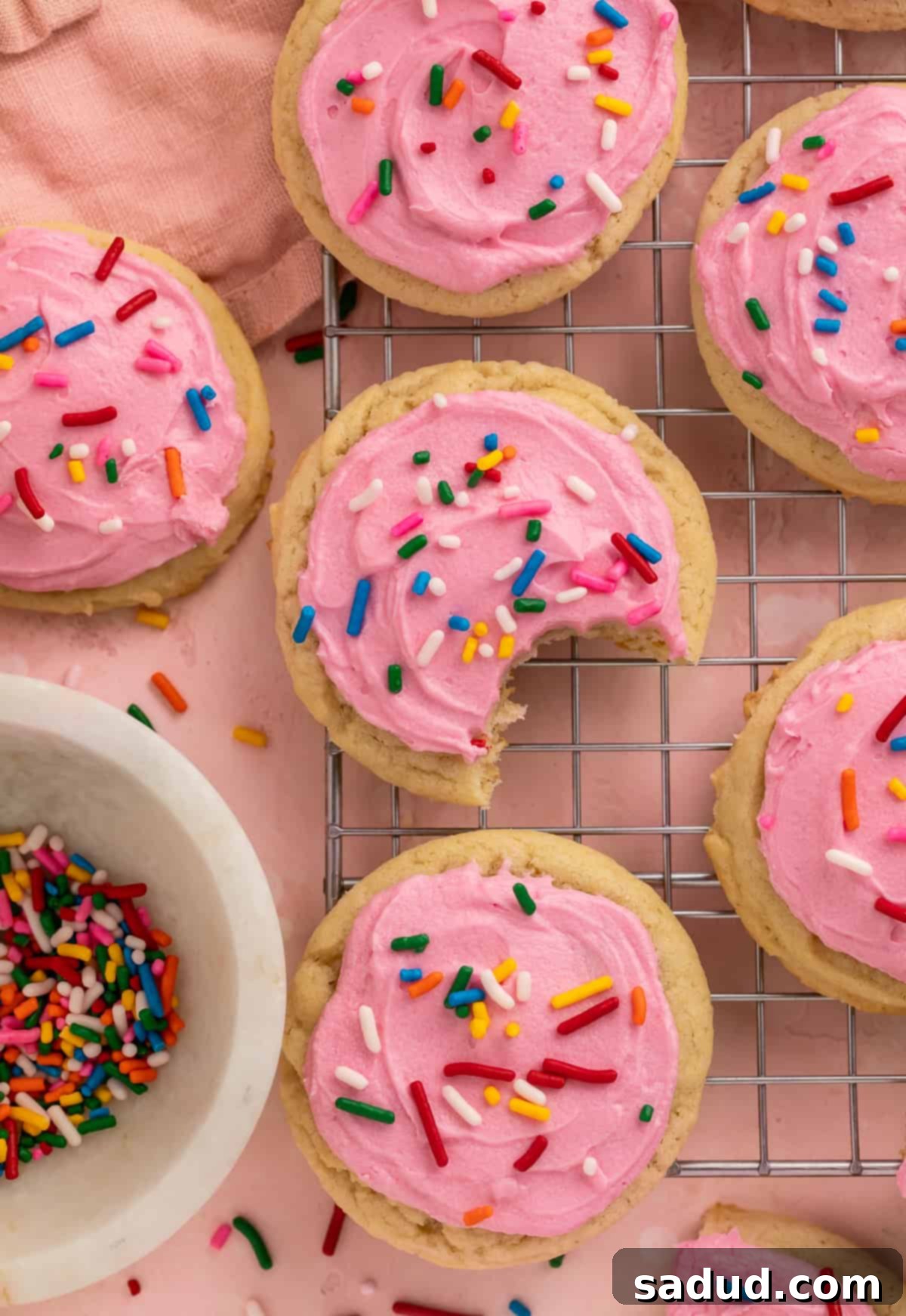 A pink-frosted vegan sugar cookie with a bite taken out, surrounded by other decorated cookies and a bowl of rainbow sprinkles.