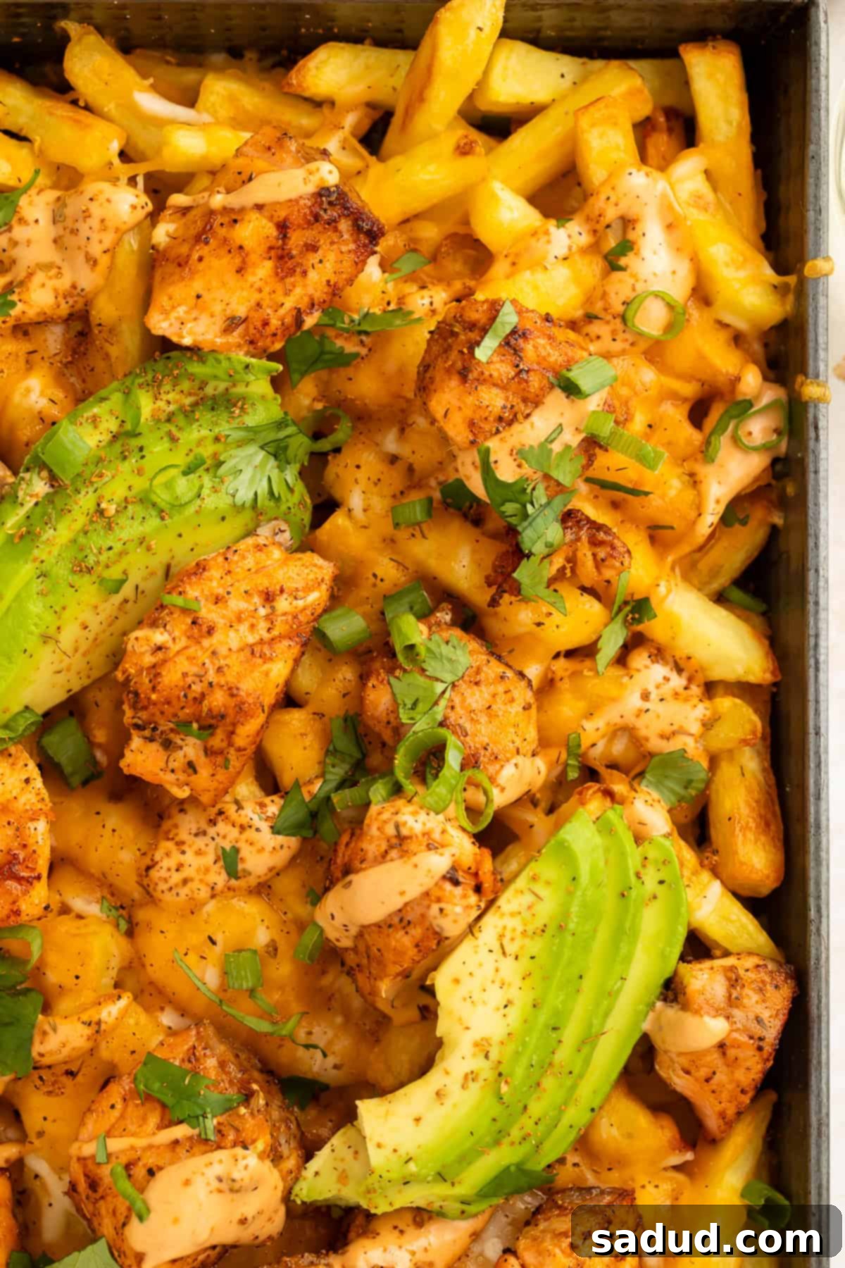 Close up of a tray of French fries topped with pieces of blackened salmon, sliced avocado and a creamy sauce. 
