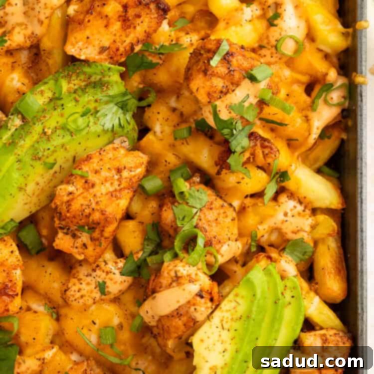 Close up of a tray of French fries topped with pieces of blackened salmon, sliced avocado and a creamy sauce.