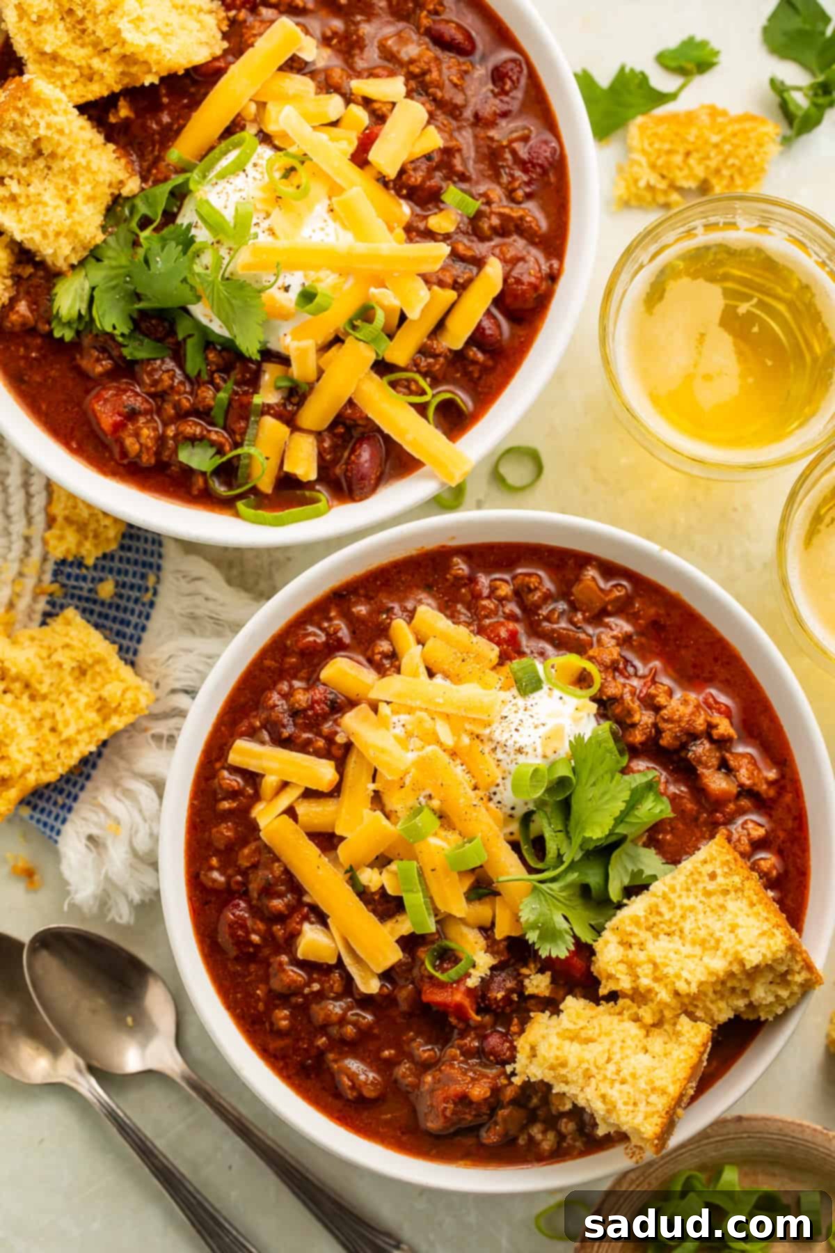 Two bowls of gluten-free chili topped with cornbread, green onions, grated cheese, and sour cream, showcasing the hearty and flavorful nature of the dish.